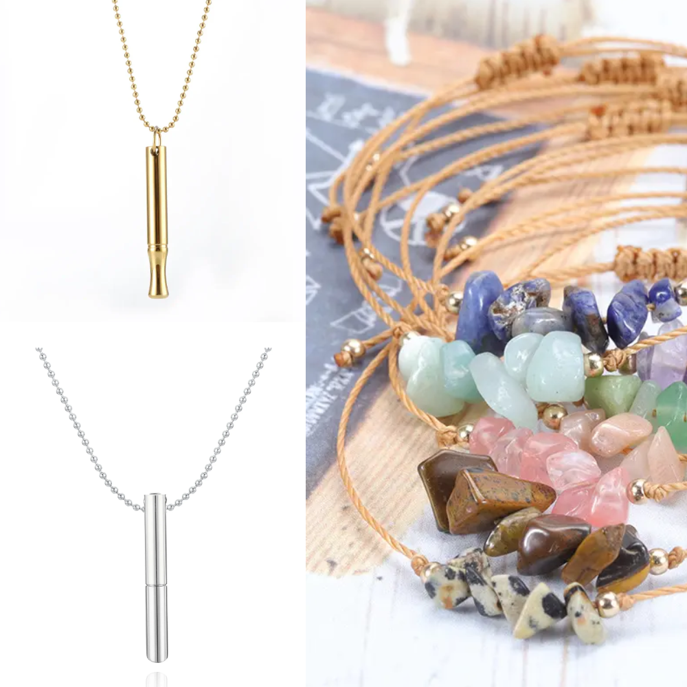 Sada náhrdelník - píšťalka na odvykání kouření | Přesýpací mix + Dvoubarevný mix + Náramek zdarma 3v1