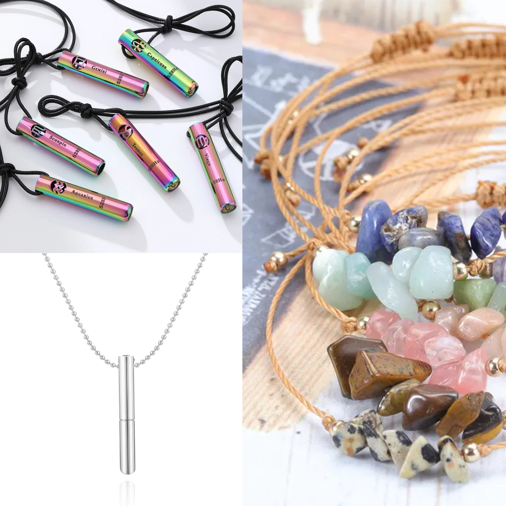 Sada náhrdelník - píšťalka na odvykání kouření | Znamení zvěrokruhu 528Hz mix + Dvoubarevný mix + Náramek zdarma 3v1